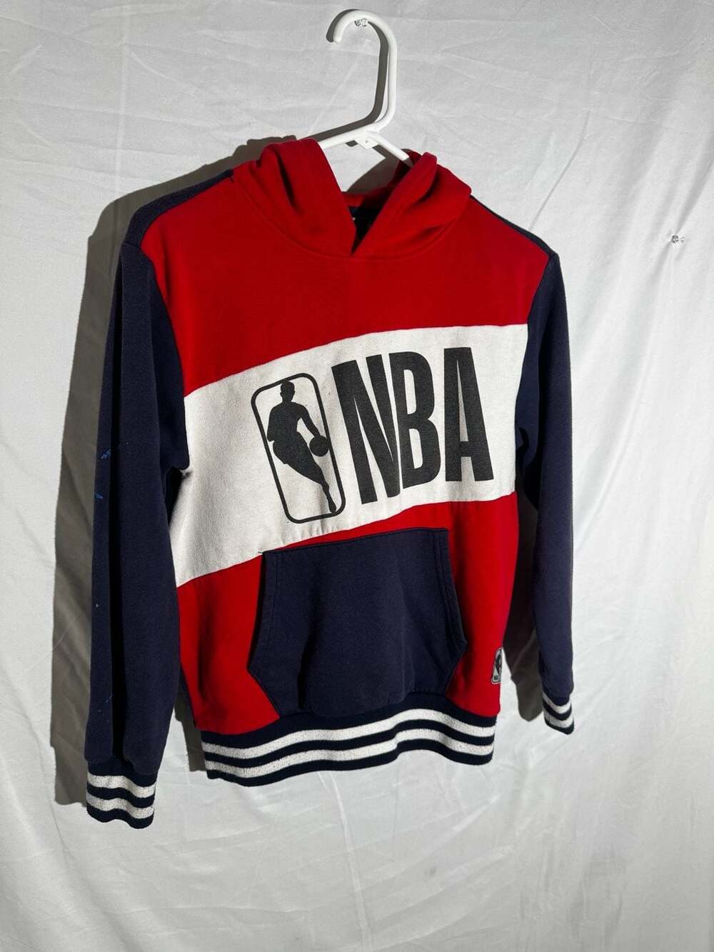 NBA Mens Hoodie Colorblock Logo Striped Cuff Fleece Red Navy Youth 10-12